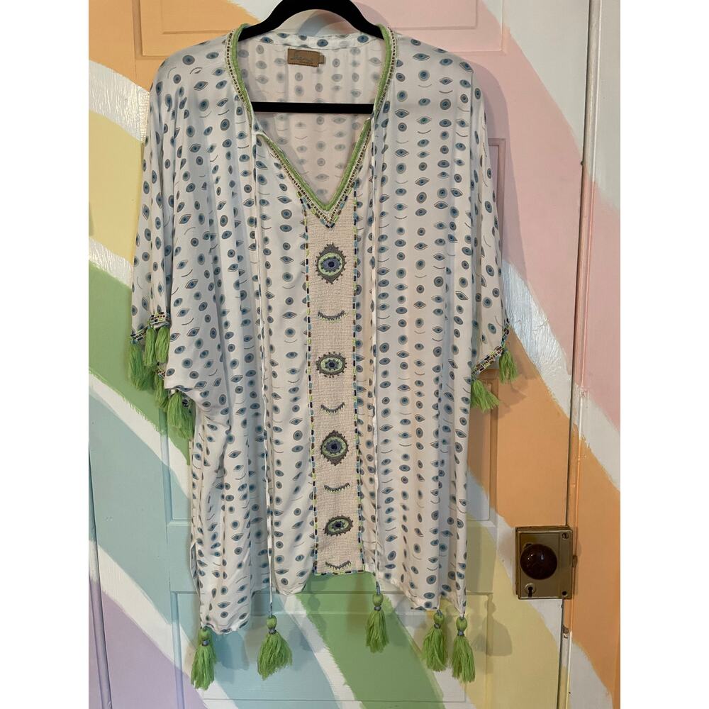 Skemo Beaded Kaftan Cover Up Dress Evil Eye Print Tassel Trim Size S